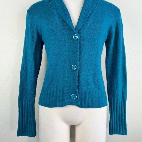 Vintage Teal Turquoise Wool Blend Button Down V neck Long Sleeve Cardigan - Picture 2 of 15